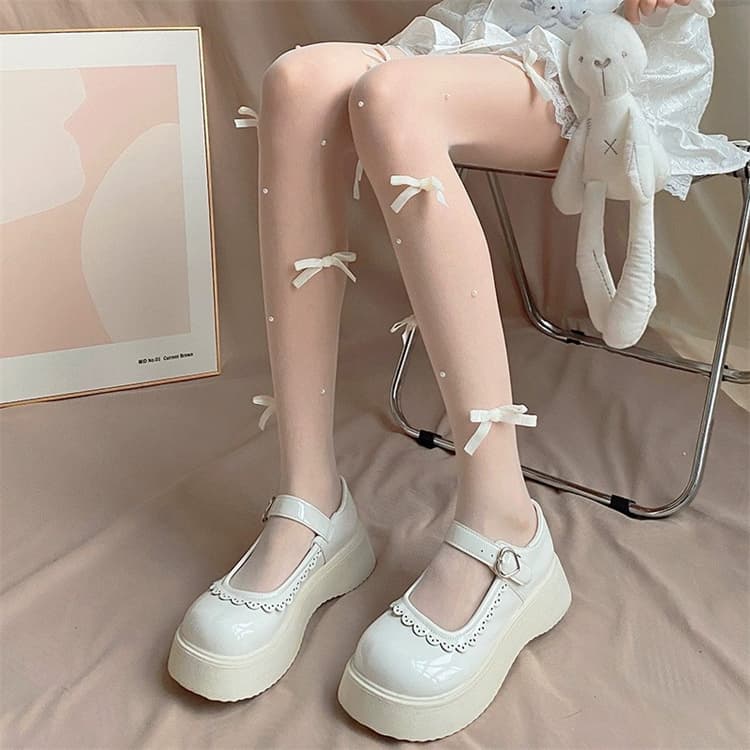 可愛い蝶結び網タイツ 甘系風パール装飾ストッキング