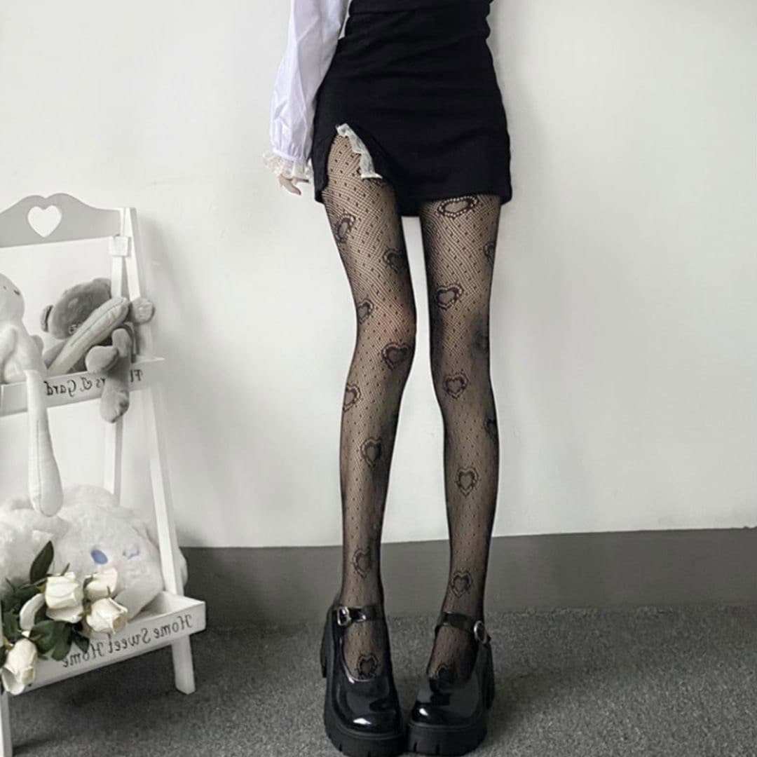 網タイツ ハート柄 黒 女性用 伸縮性抜群